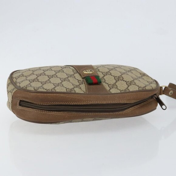 GUCCI GG Supreme Web Sherry Line Clutch Bag PVC Beige 89 01  GUCCI GG Supreme Web Sherry Line Clutch Bag PVC Beige Red 89 01 034 Auth 149786